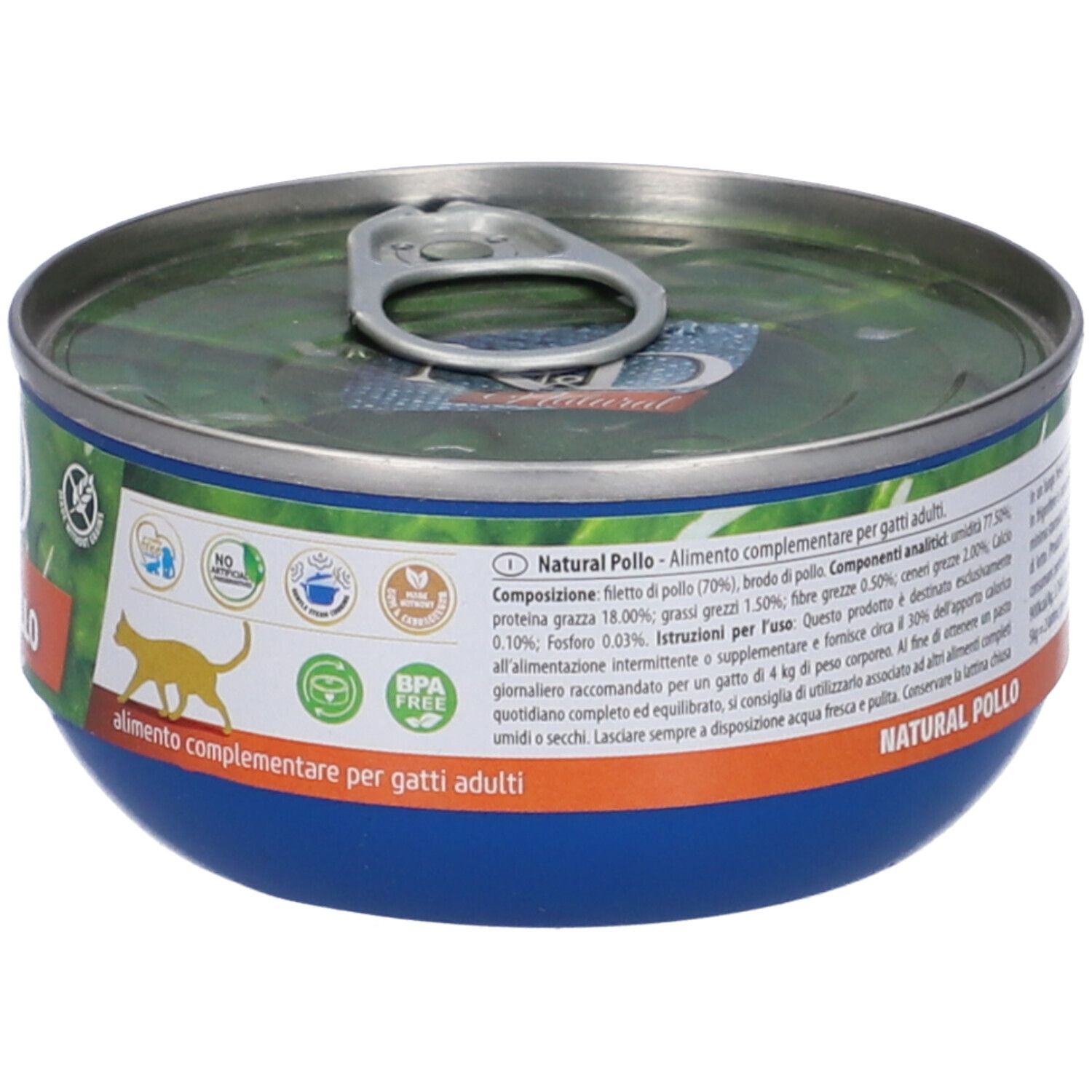 Katzenfutterdose "N&D Natural Pollo". Blaue Dose, offene Lasche. Text und Logos auf der Dose.