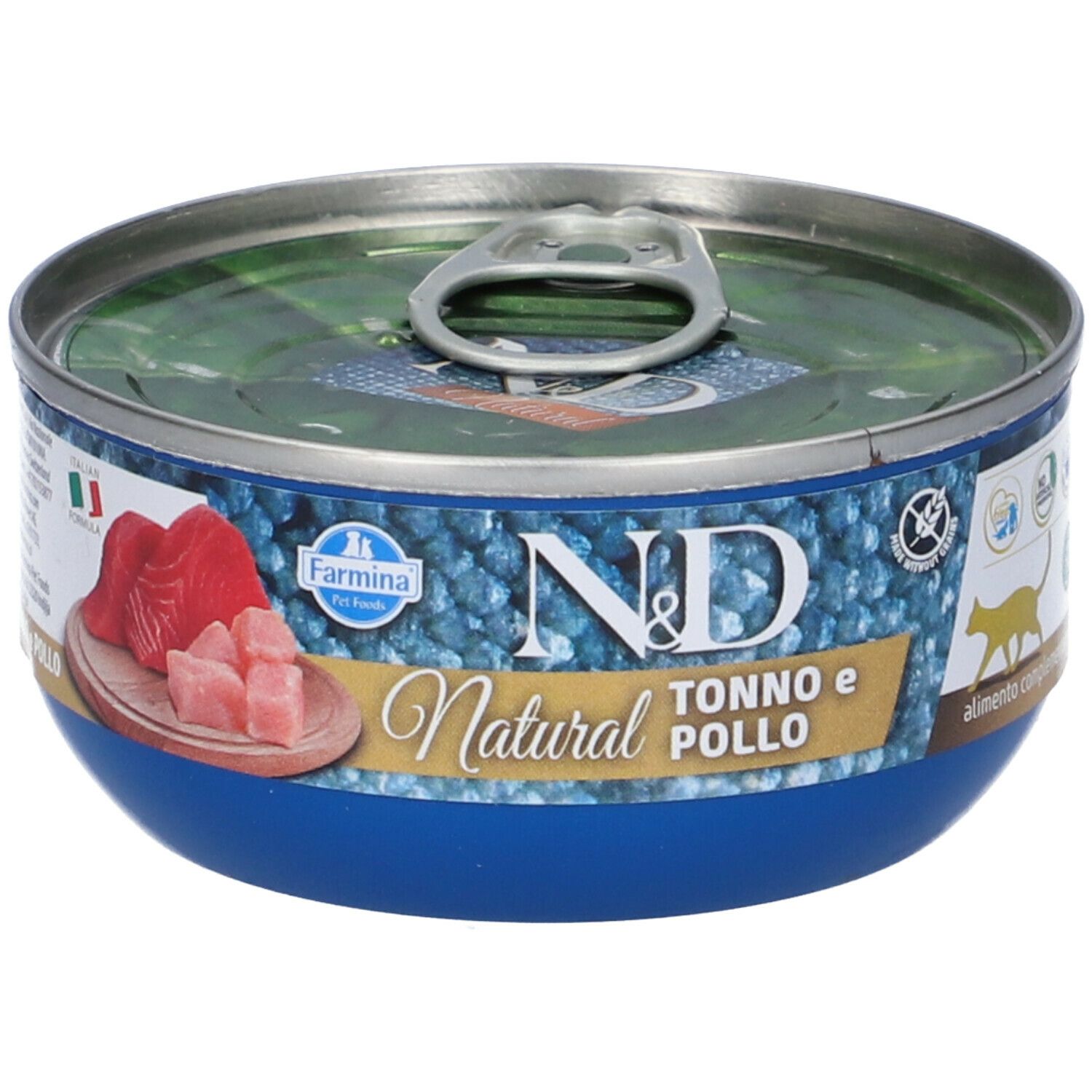 Blaue Dose mit Deckel. Aufschrift "ND Natural Tonno e Pollo". Abbildung von Thunfisch und Huhn.