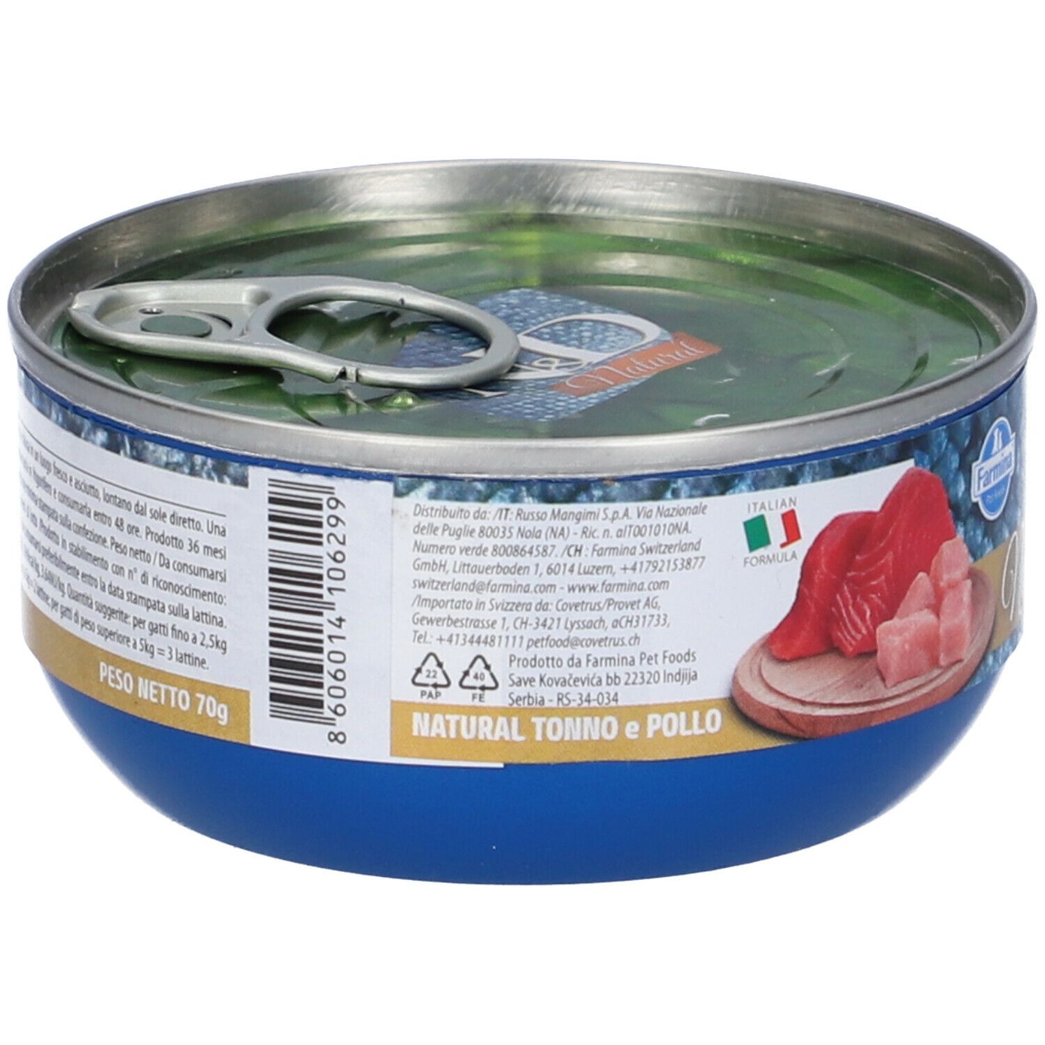 Blaue Dose mit Deckel. Aufschrift "Natural Tonno e Pollo". Rückseite mit Text und Barcode.