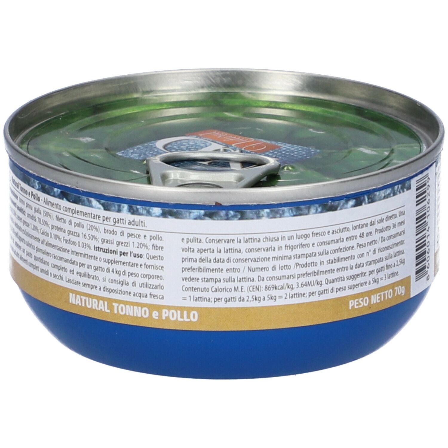 Blaue Dose mit Deckel. Aufschrift "Natural Tonno e Pollo". Rückseite mit Text.