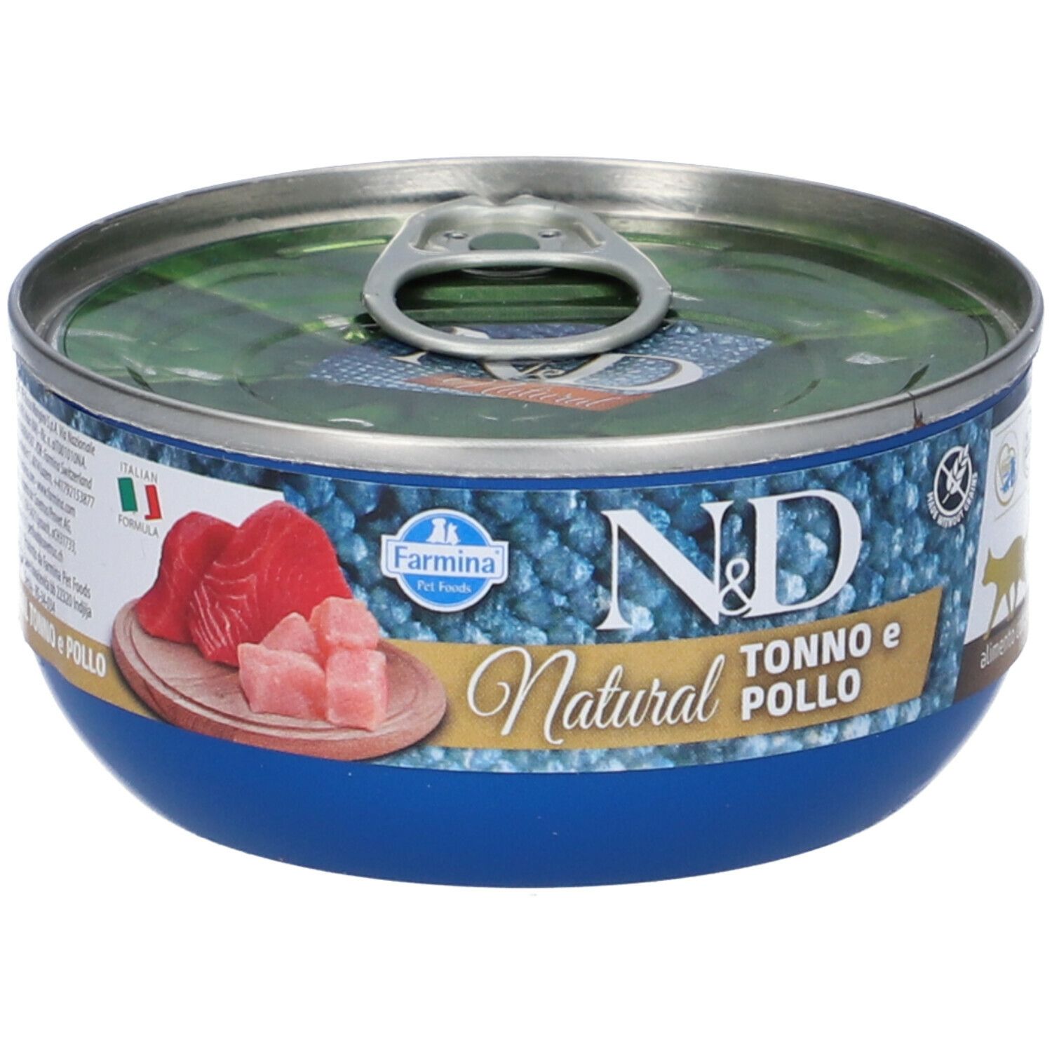 Blaue Dose mit Deckel. Aufschrift "ND Natural Tonno e Pollo". Abbildung von Thunfisch und Huhn.
