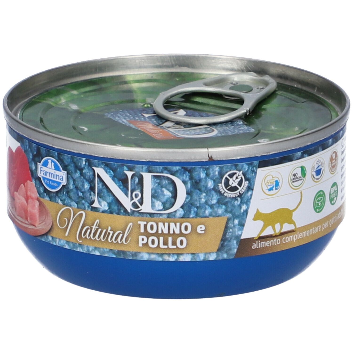 Blaue Dose mit Deckel. Aufschrift "ND Natural Tonno e Pollo". Abbildung von Thunfisch und Huhn. Logos.