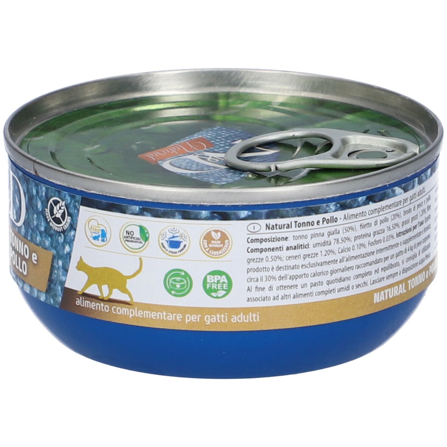 Blaue Dose mit Deckel. Aufschrift "Natural Tonno e Pollo". Rückseite mit Text und Logos.
