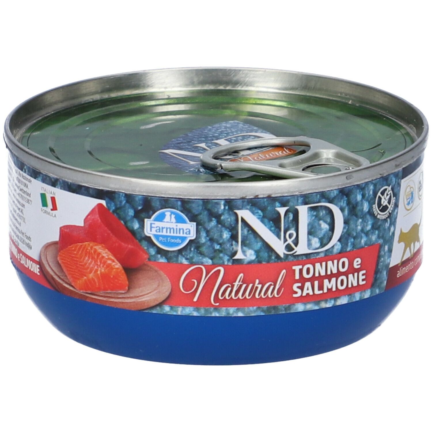 Blaue Dose mit Thunfisch- und Lachs-Abbildung. Aufschrift: N&D Natural, Tonno e Salmone. Farmina Logo.