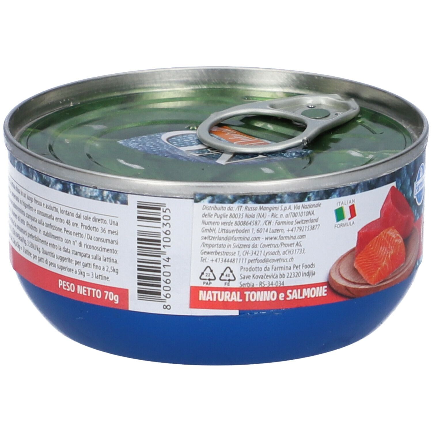 Blaue Dose mit Text. Aufschrift: Natural Tonno e Salmone. Gewicht 70g. Text in italienischer Sprache. Farmina Logo.