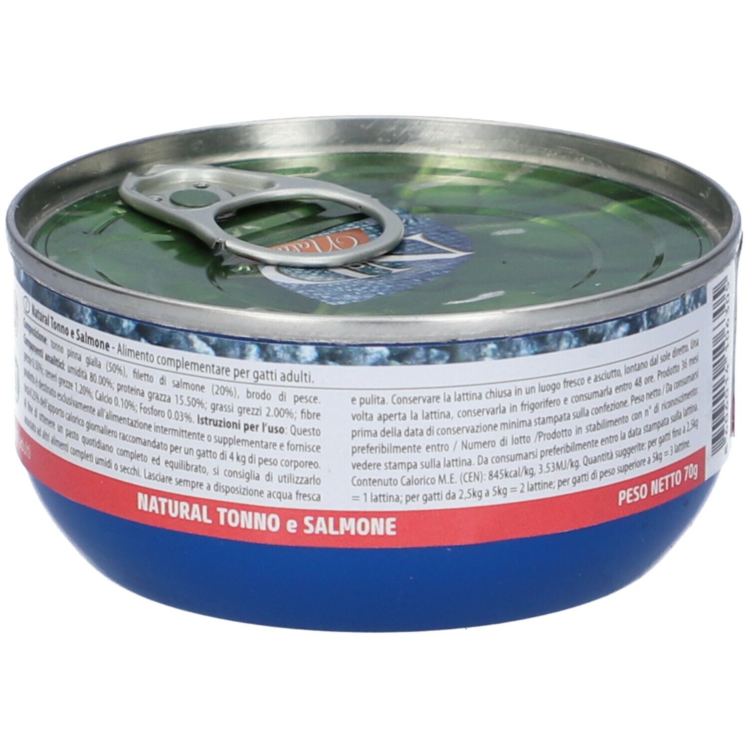 Blaue Dose mit Text. Aufschrift: Natural Tonno e Salmone. Text in italienischer Sprache. Farmina Logo.