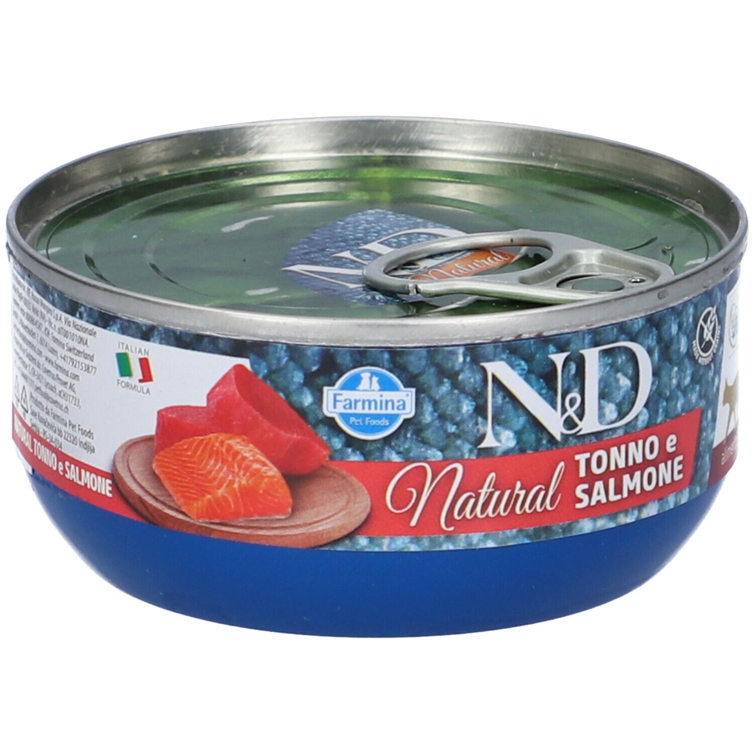 Blaue Dose mit Thunfisch- und Lachs-Abbildung. Aufschrift: N&D Natural, Tonno e Salmone. Farmina Logo.