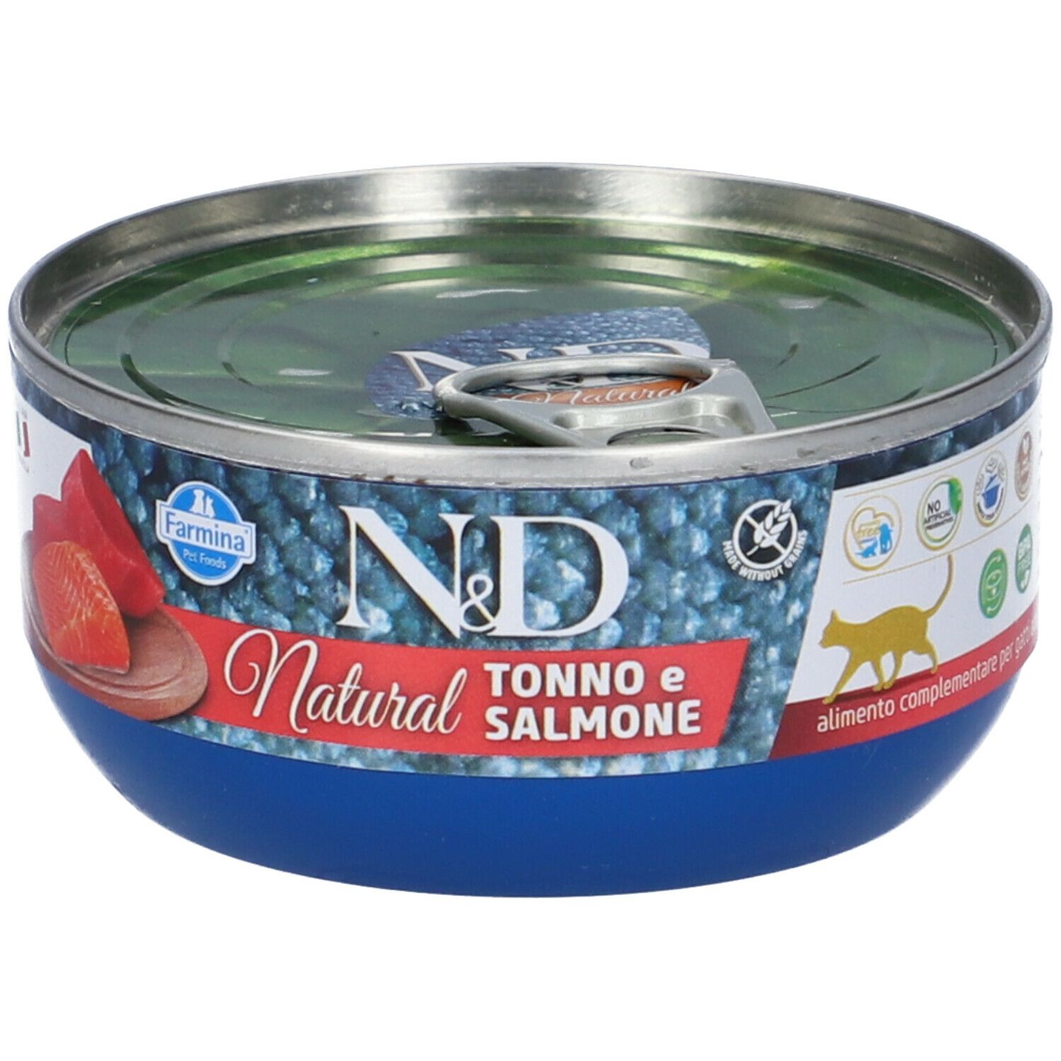 Blaue Dose mit Thunfisch- und Lachs-Abbildung. Aufschrift: N&D Natural, Tonno e Salmone. Farmina Logo.