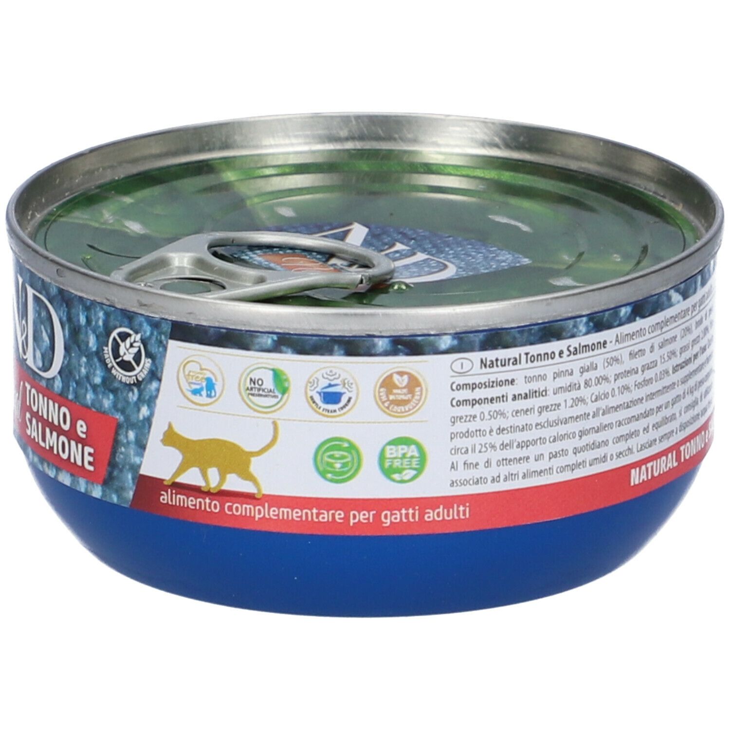 Blaue Dose mit Text und Katze-Symbol. Aufschrift: N&D Natural, Tonno e Salmone. Farmina Logo. Text in italienischer Sprache.