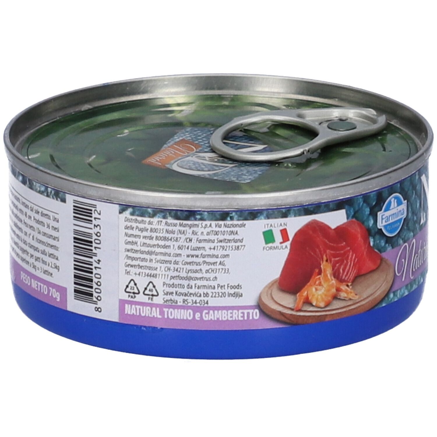 Katzenfutterdose mit Thunfisch & Garnele. Rückseite mit Text und Logo. Blaue Dose, silberner Deckel. Farmina N&D Natural.