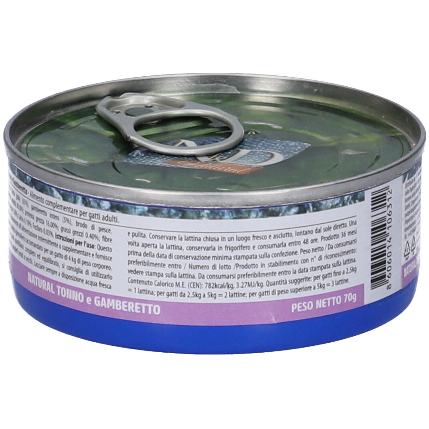 Katzenfutterdose mit Thunfisch & Garnele. Dose mit Text. Blaue Dose, silberner Deckel. Farmina N&D Natural.