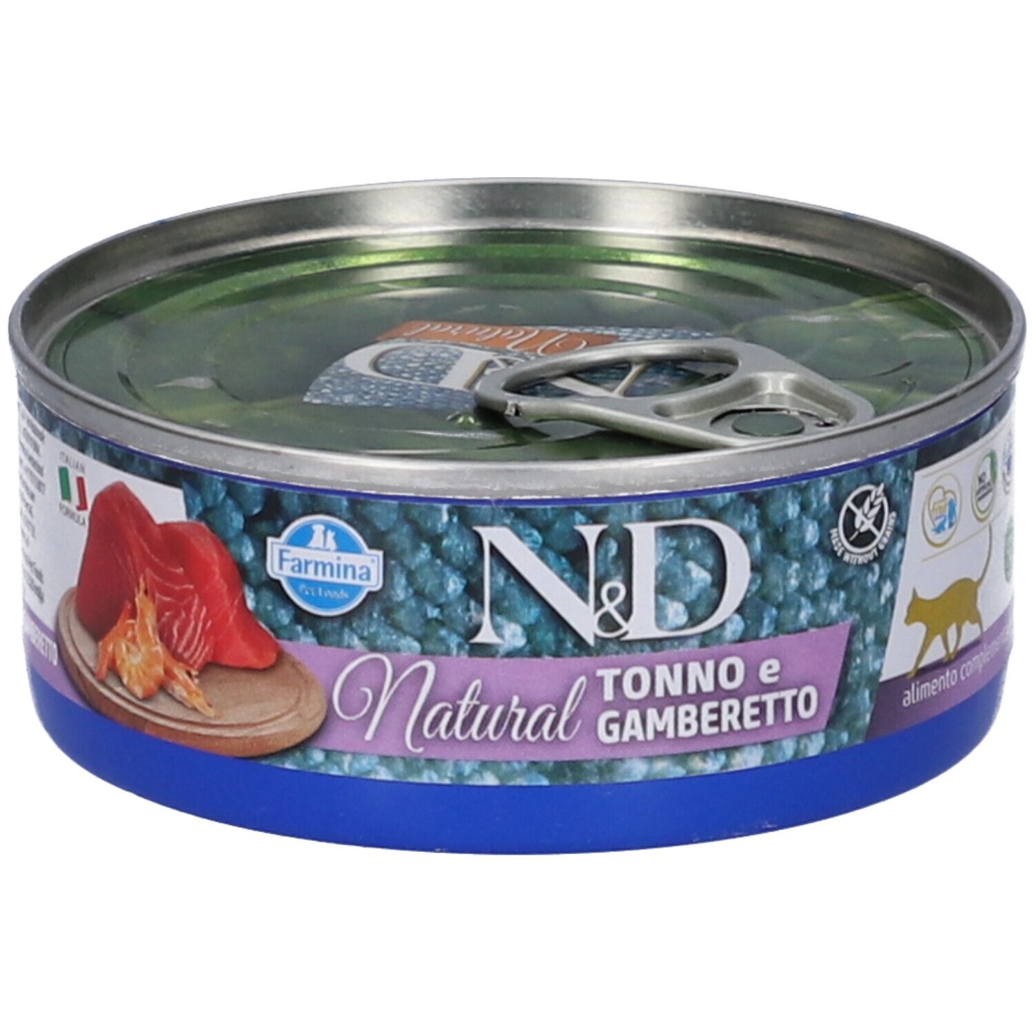 Katzenfutterdose mit Thunfisch & Garnele. Blaue Dose, silberner Deckel. Farmina N&D Natural-Logo und Produktbezeichnung.