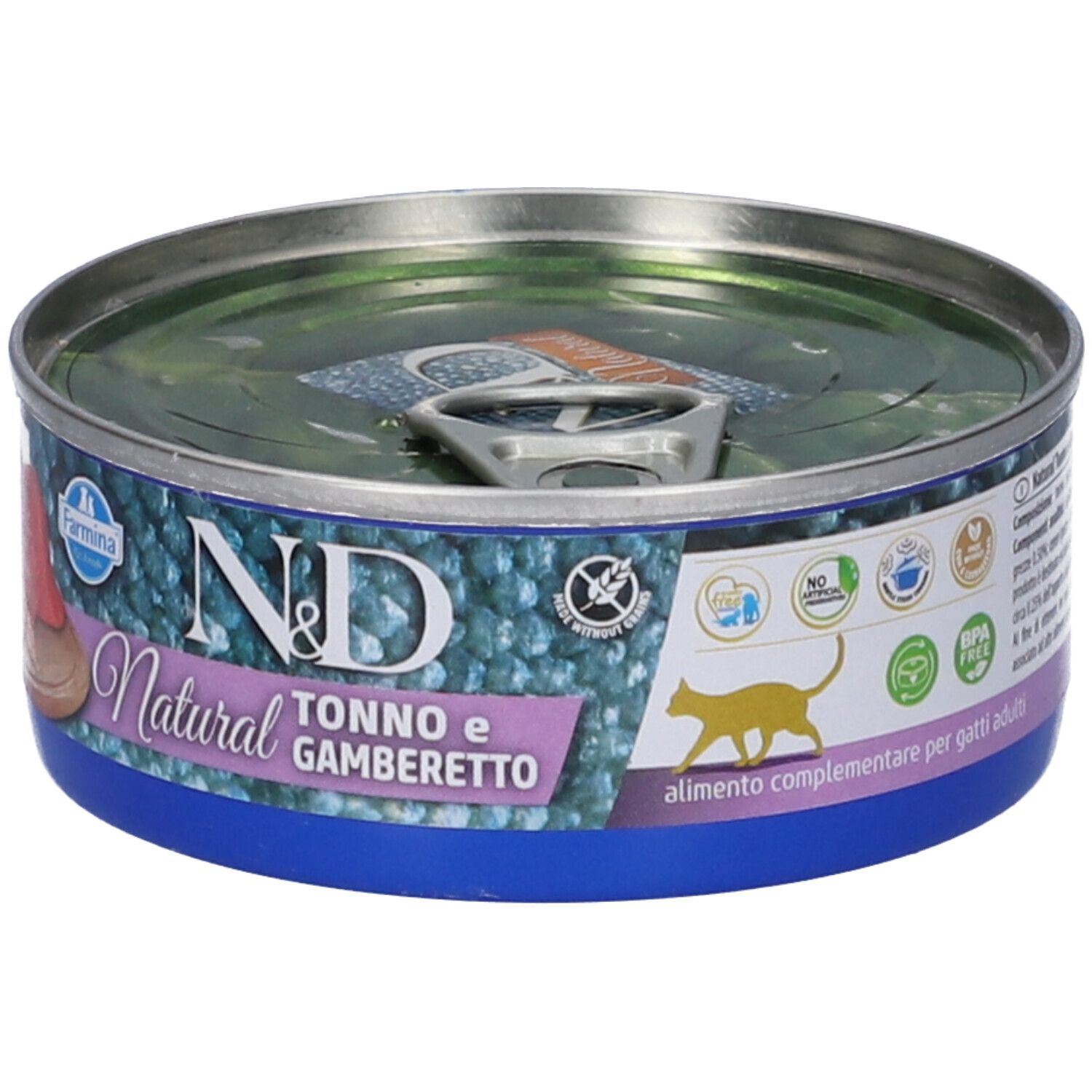 Katzenfutterdose mit Thunfisch & Garnele. Blaue Dose, silberner Deckel. Farmina N&D Natural-Logo und Produktbezeichnung.
