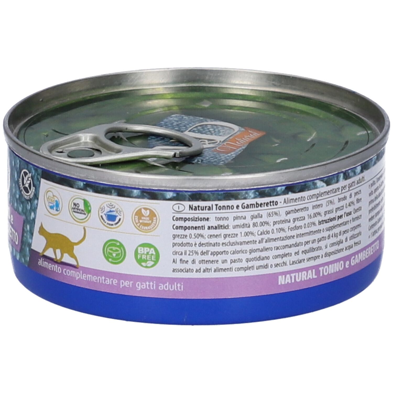 Katzenfutterdose mit Thunfisch & Garnele. Dose mit Text und Inhaltsangaben. Blaue Dose, silberner Deckel. Farmina N&D Natural.