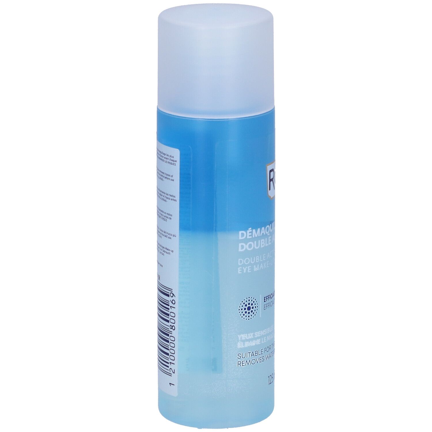 Flasche mit zweiphasigem Augen-Make-up-Entferner, blau-weißer Aufdruck.