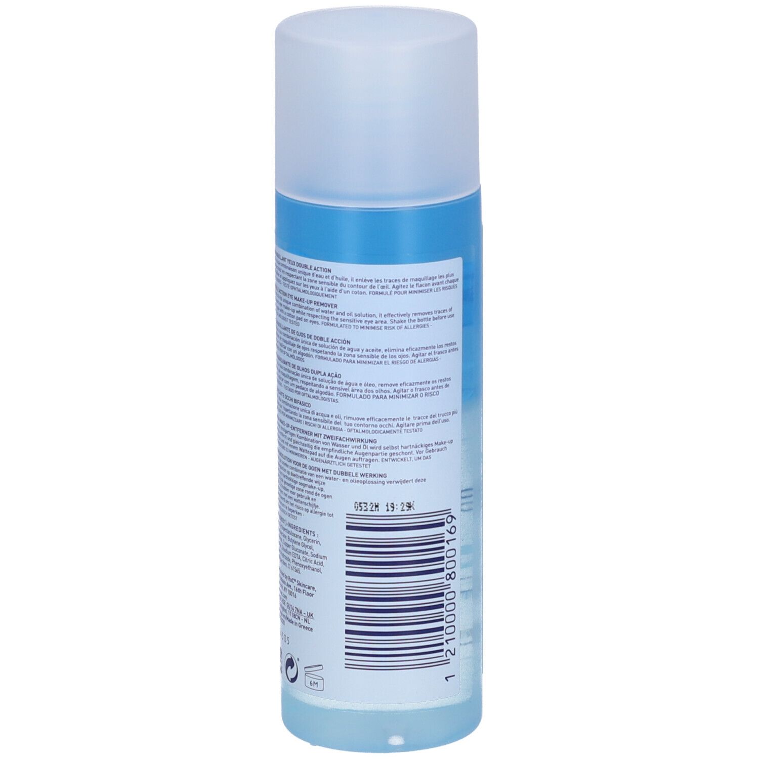 Flasche mit blauem Inhalt und weißem Verschluss. Etikett mit Text und Barcode.