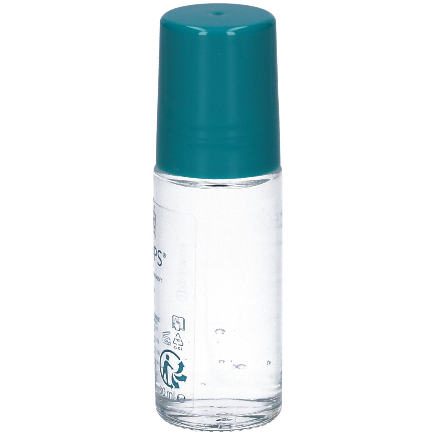 Roll-on-Deodorant mit blaugrünem Deckel. Aufschrift: RoC Keops, dermatologisch getestet. 48h. Für normale Haut. 30ml.