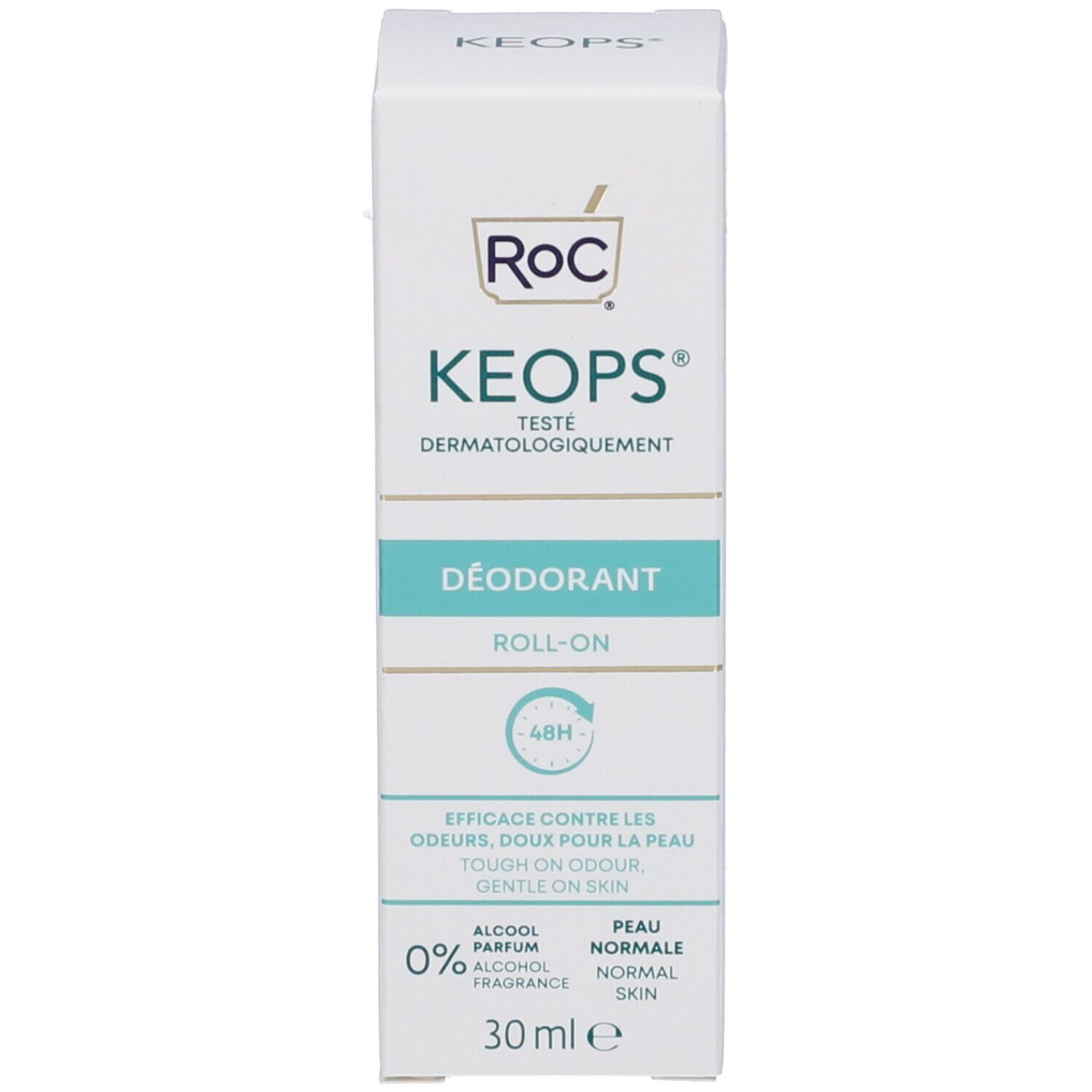 Weißer Karton mit RoC Keops Aufschrift. Produktbezeichnung: Déodorant Roll-on. 48h. Für normale Haut. 30 ml. 0% Alkohol.