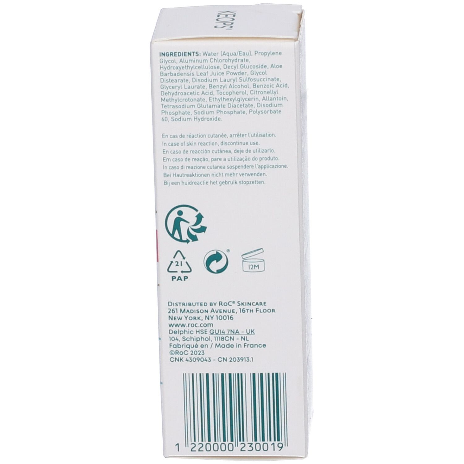 Verpackungsseite mit Inhaltsstoffen, Verteilern und Recycling-Symbolen.