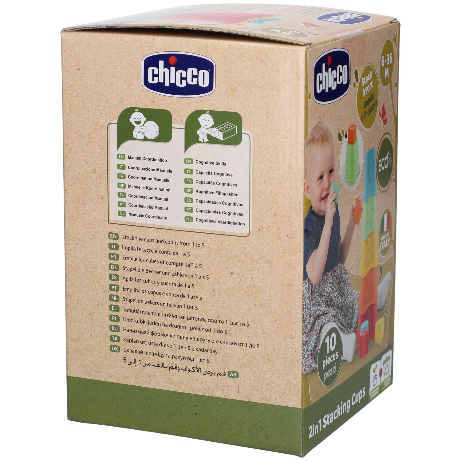 Rückseite der Chicco Stapelbecher-Verpackung mit Hinweisen zu manueller Koordination und kognitiver Entwicklung.