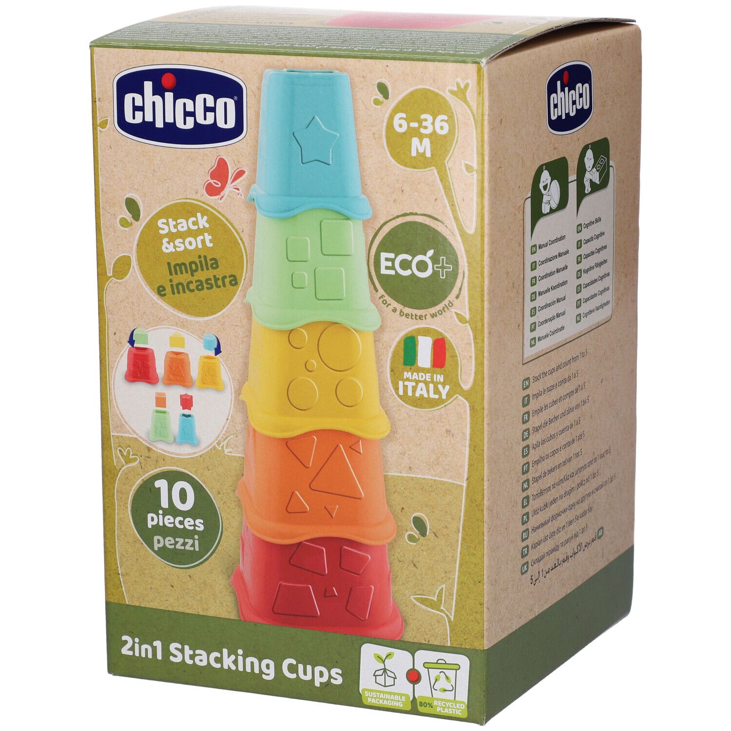 Chicco 2in1 Stapelbecher: Fünf bunte Becher in verschiedenen Größen und Farben, gestapelt übereinander.