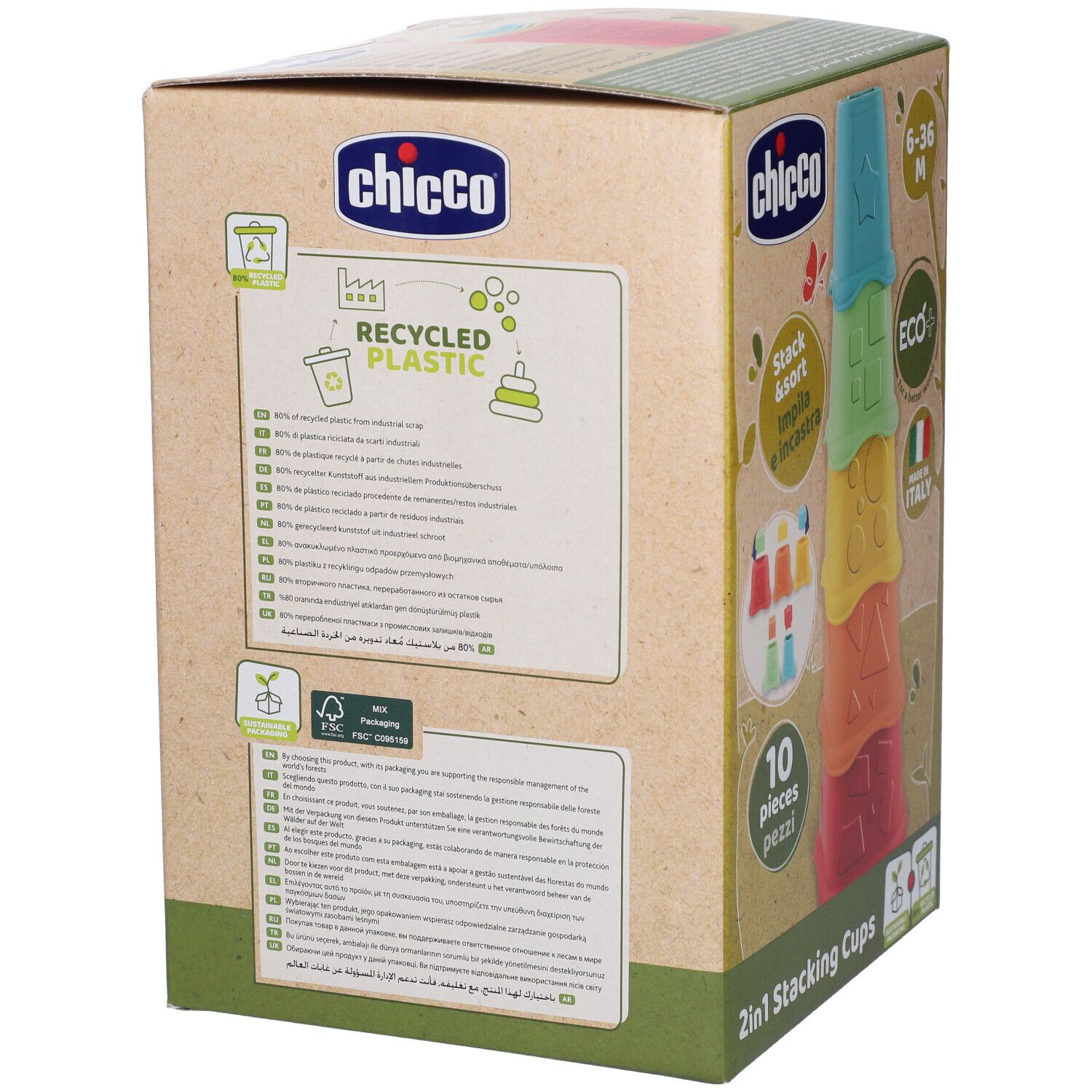 Chicco Stapelbecher-Verpackung: Hinweis auf recycelten Kunststoff und FSC-Zertifizierung.