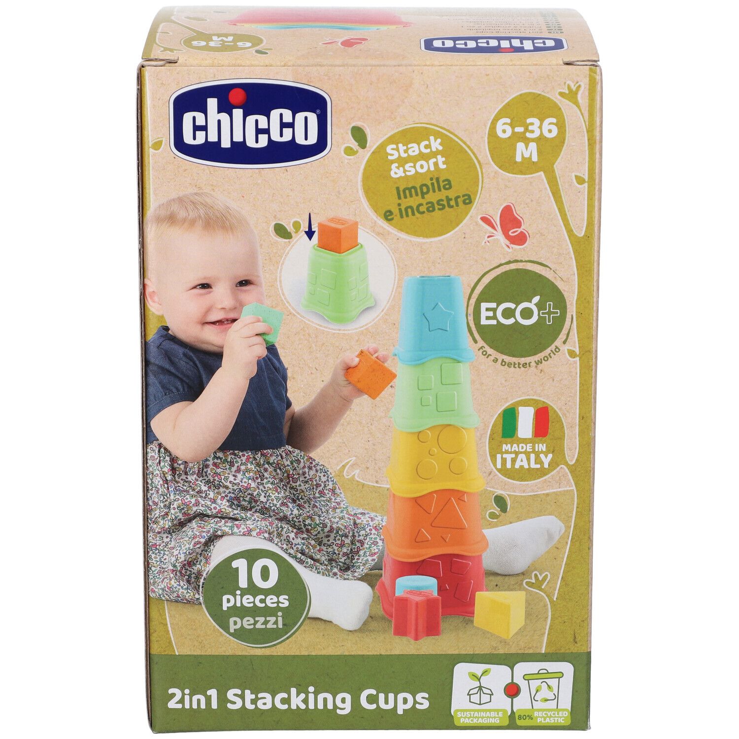 Chicco 2in1 Stapelbecher: Bunte Becher und Würfel zum Stapeln und Sortieren für Kinder von 6-36 Monaten.