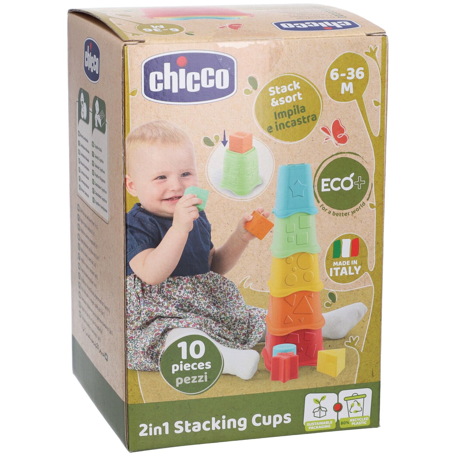 Chicco 2in1 Stapelbecher: Bunte Becher und Würfel zum Stapeln und Sortieren für Kinder von 6-36 Monaten.