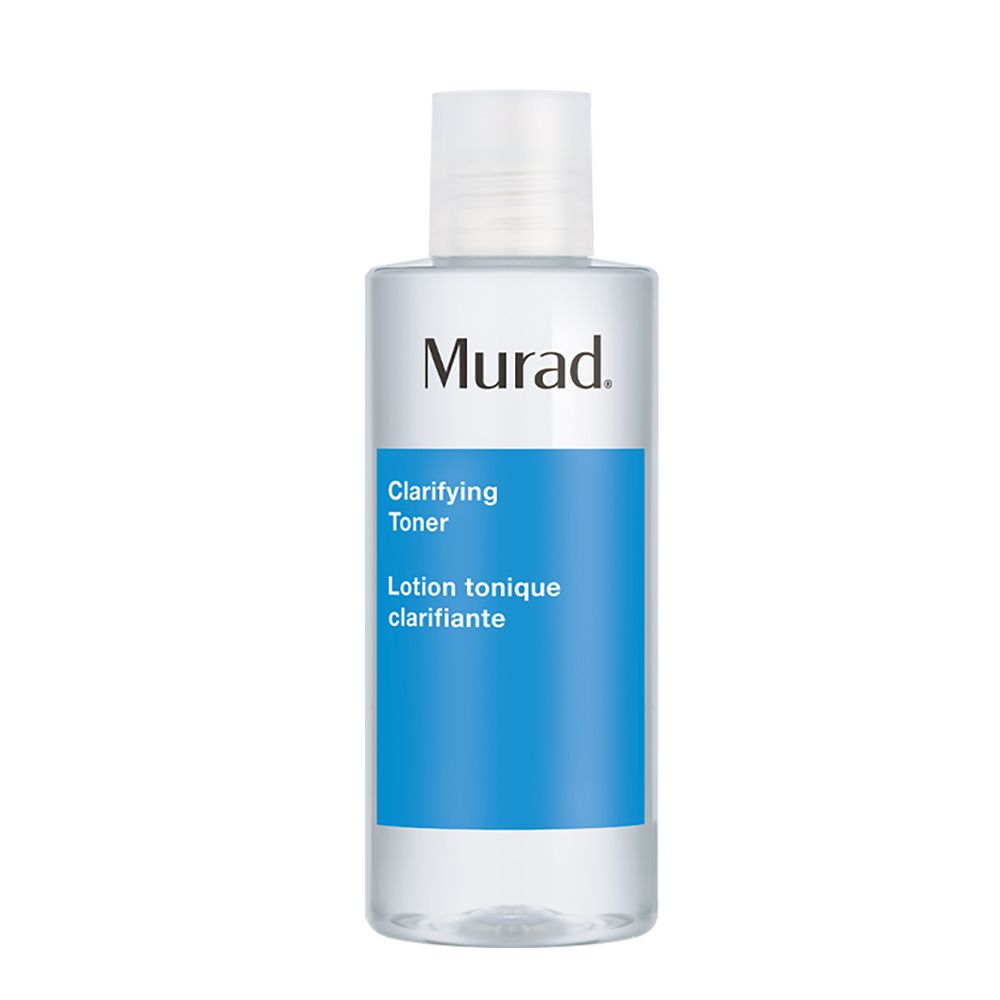 Klare Flasche mit weißem Deckel. Auf blauem Etikett: Murad Clarifying Toner. Schwarzer Schriftzug.