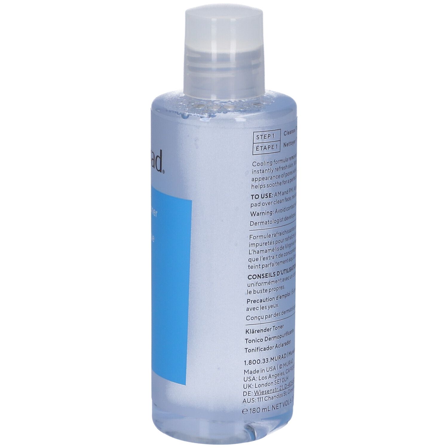 Flasche mit weißem Deckel. Auf blauem Etikett: Murad Clarifying Toner. Schwarzer Schriftzug.