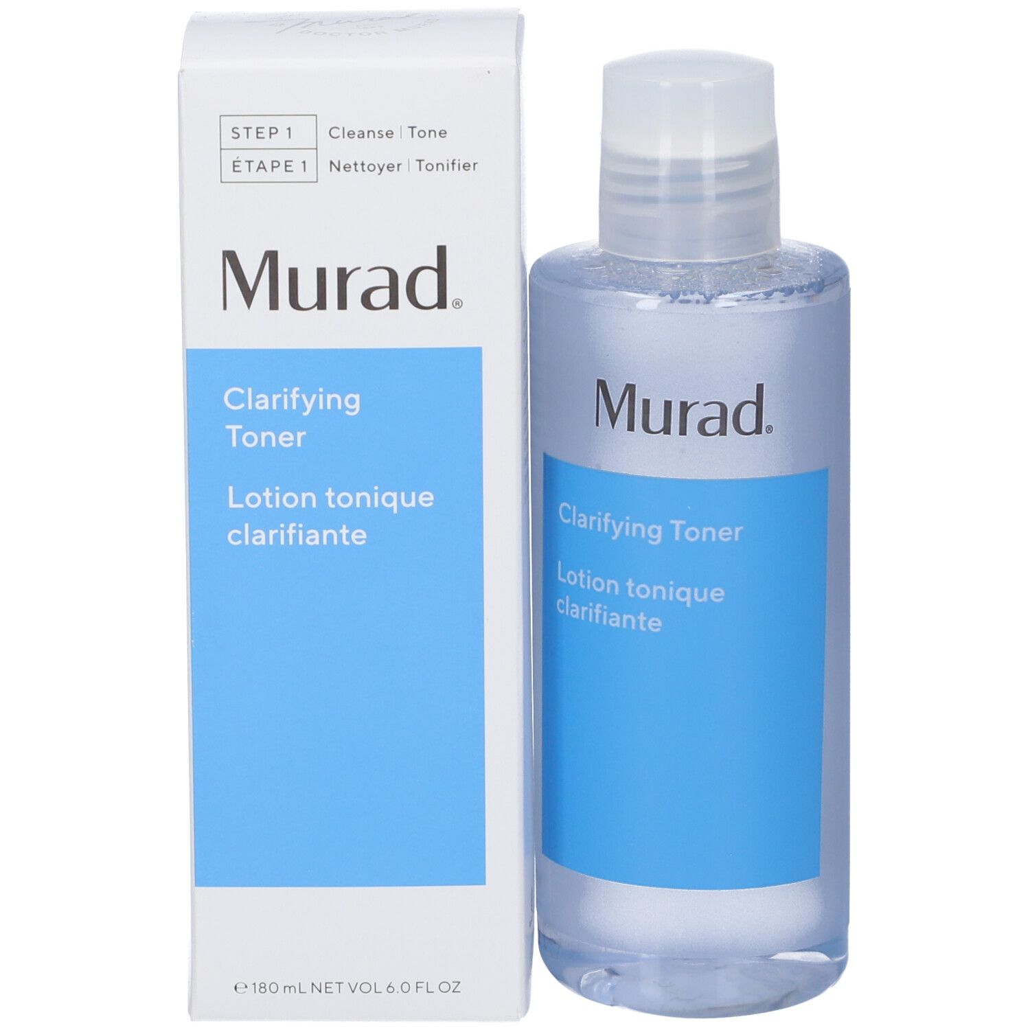 Flasche und Verpackung. Auf blauem Etikett: Murad Clarifying Toner. Schwarzer Schriftzug. Weiße Verpackung.