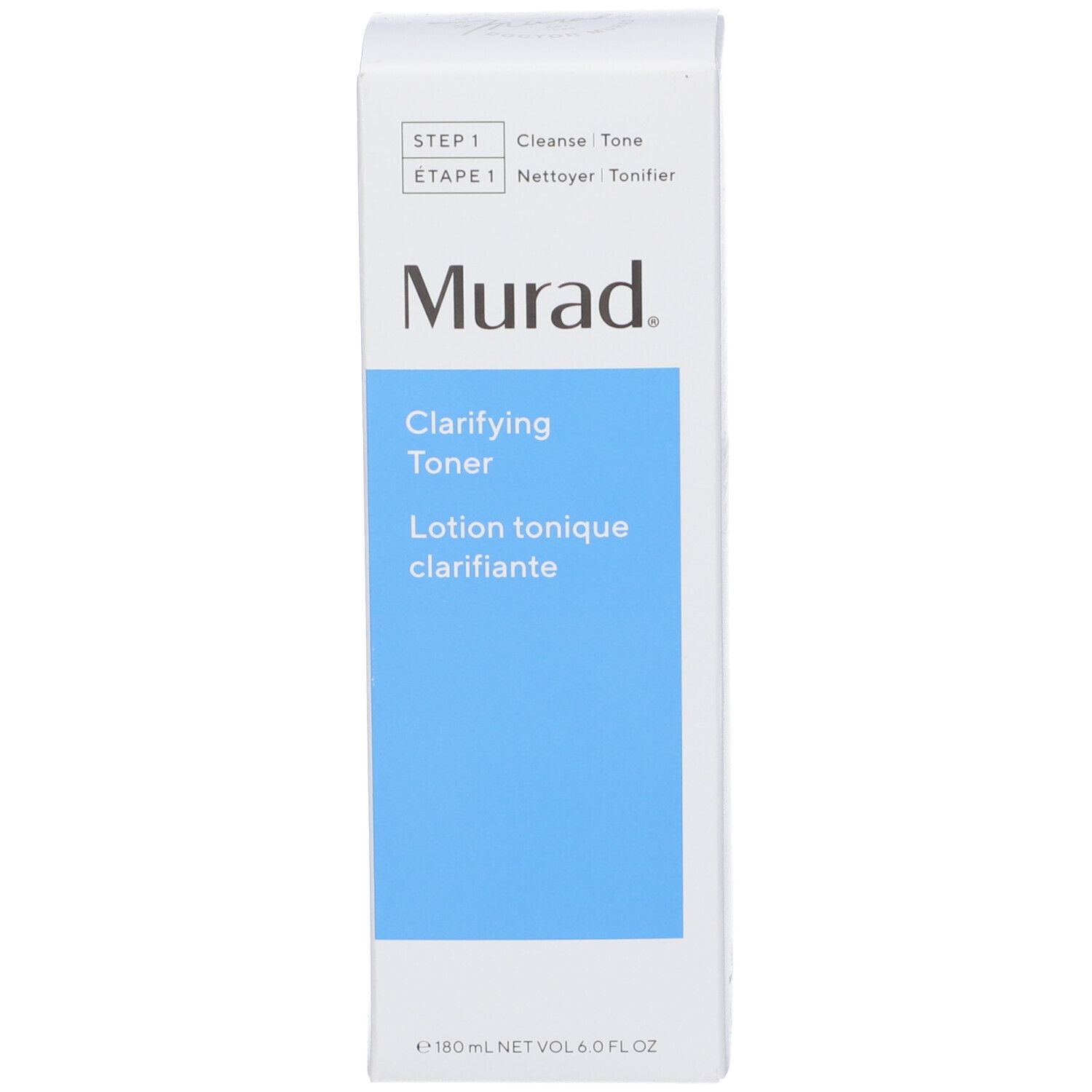 Weiße Verpackung. Auf blauem Etikett: Murad Clarifying Toner. Schwarzer Schriftzug.