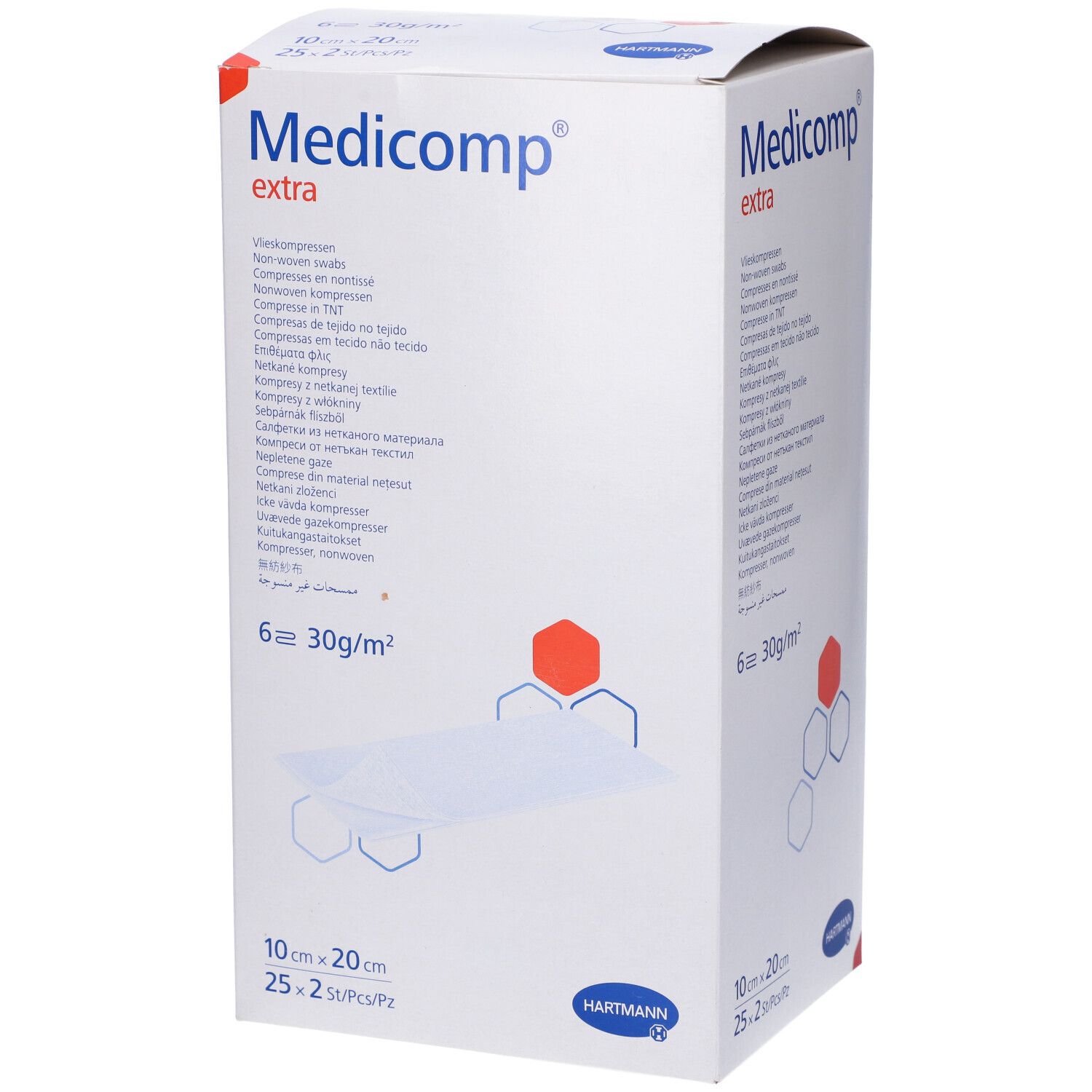 Verpackung von Medicomp extra. Aufdrucke: 10x20 cm, 25x2 St/Pz, 6 Stück, 30g/m². Marke Hartmann.