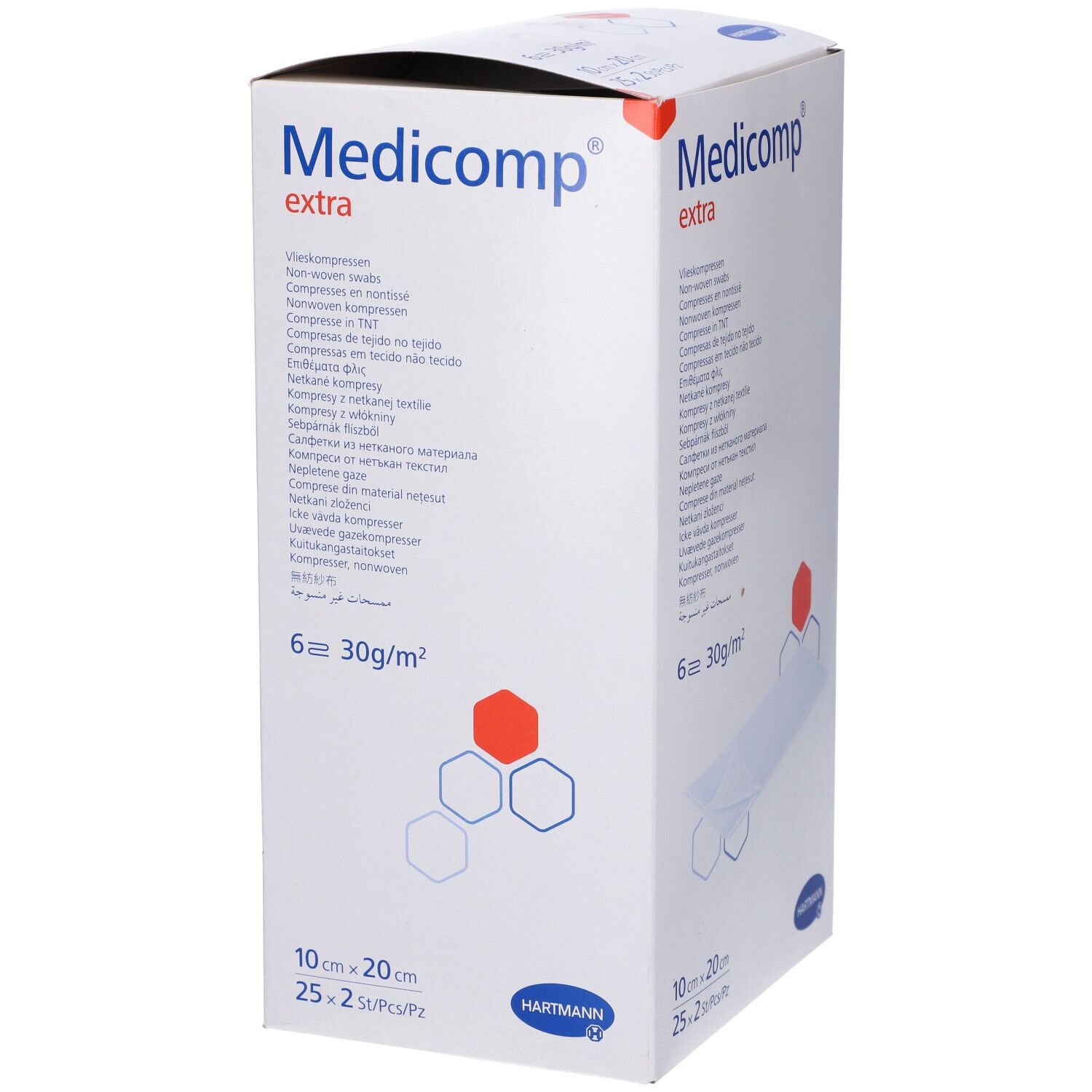 Verpackung von Medicomp extra. Aufdrucke: 10x20 cm, 25x2 St/Pz, 6 Stück, 30g/m². Marke Hartmann.
