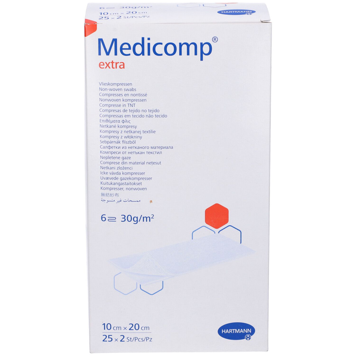 Verpackung von Medicomp extra. Aufdrucke: 10x20 cm, 25x2 St/Pz, 6 Stück, 30g/m². Marke Hartmann.