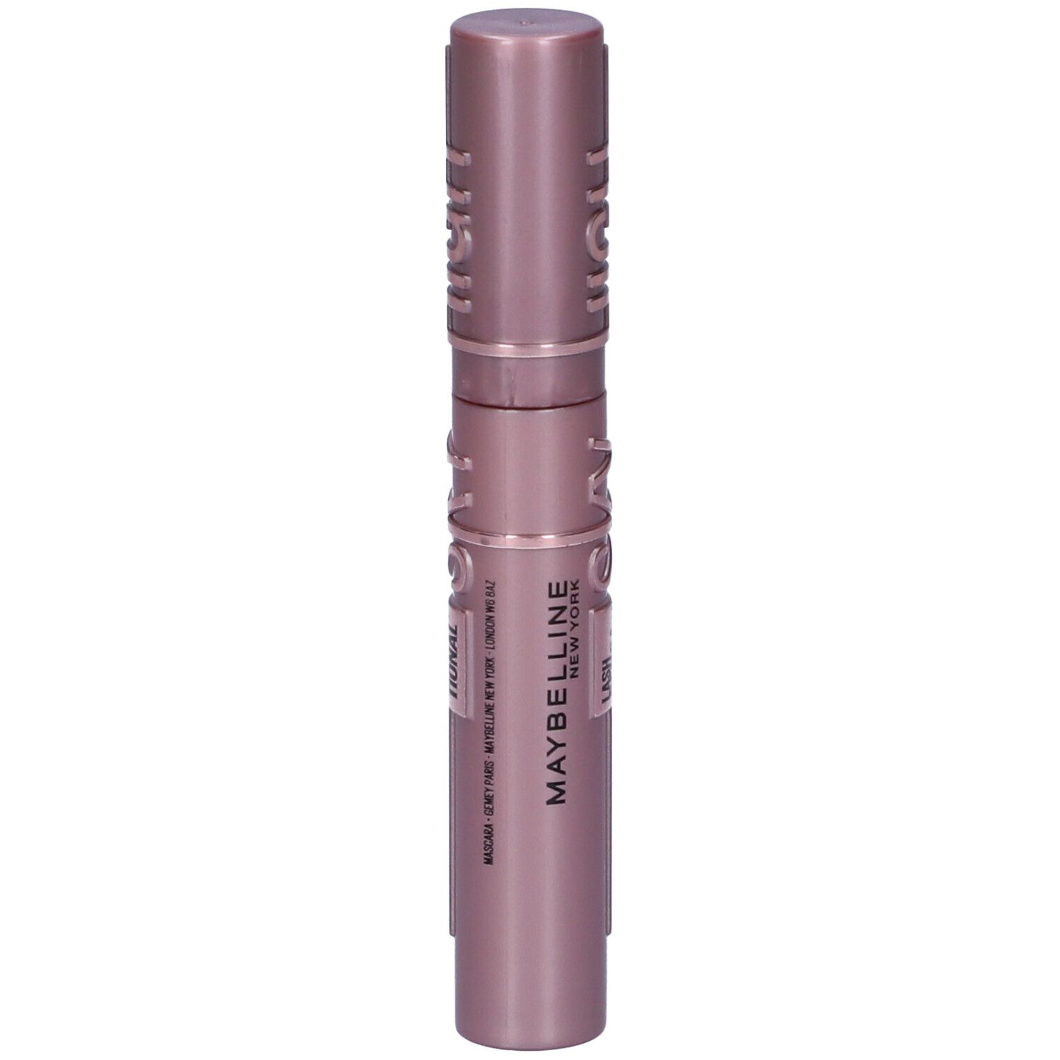 Maybelline New York Mascara in Rosa. Der Behälter ist mit Text und einem Ringmuster verziert.