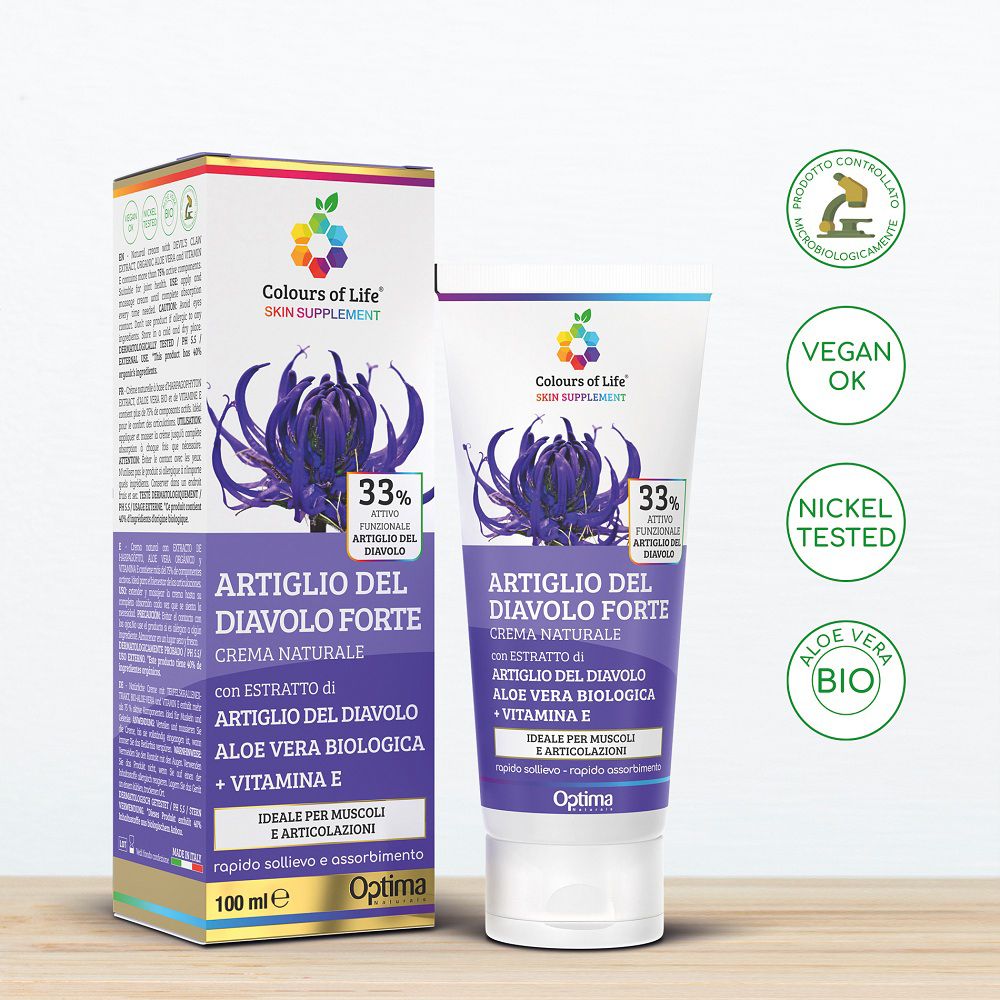 Verpackung und Tube der Teufelskralle Creme mit Siegeln: Vegan, Nickel Tested, Aloe Vera Bio.