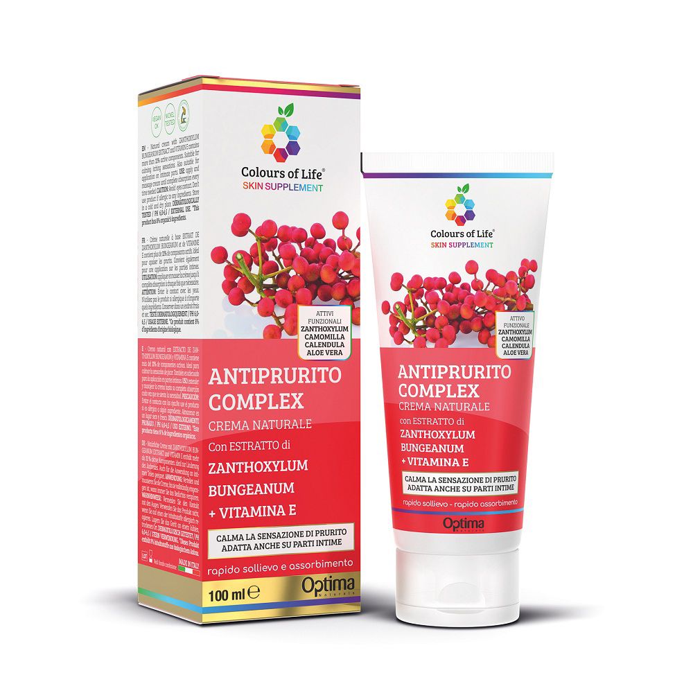 Colours of Life Juckreiz-Komplex Creme mit Beerenmotiv und Produktinformationen.