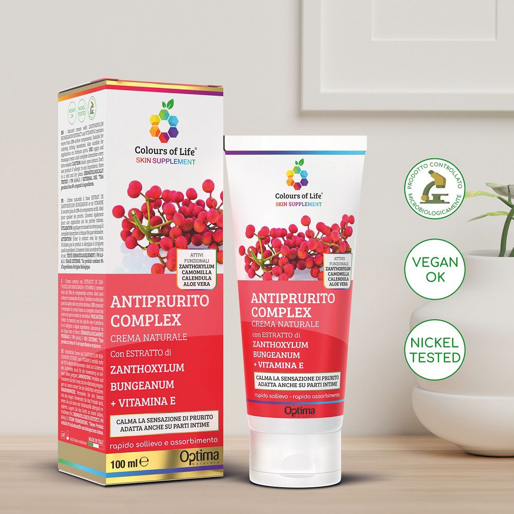 Colours of Life Juckreiz-Komplex Creme mit Verpackung, Siegeln und Pflanzenmotiv.