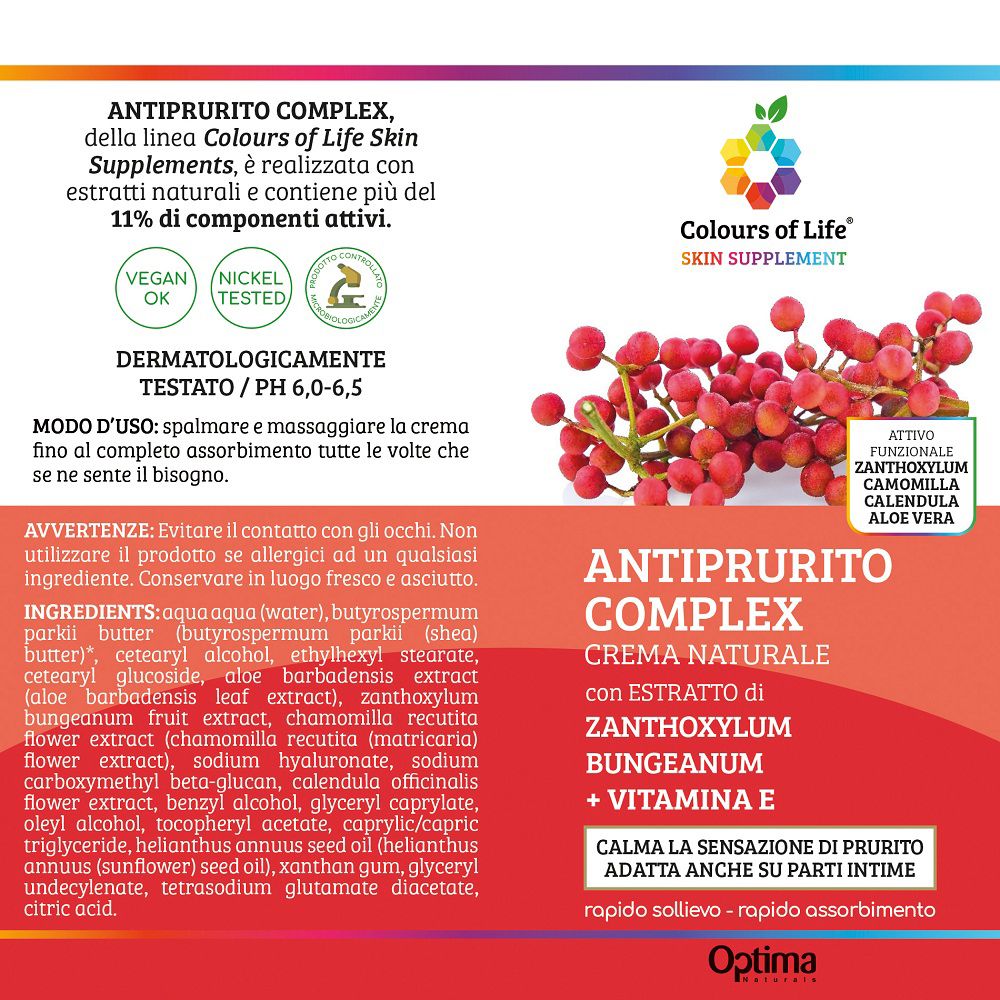 Rückseite der Colours of Life Juckreiz-Komplex Creme Verpackung mit Inhaltsstoffen und Anwendung.