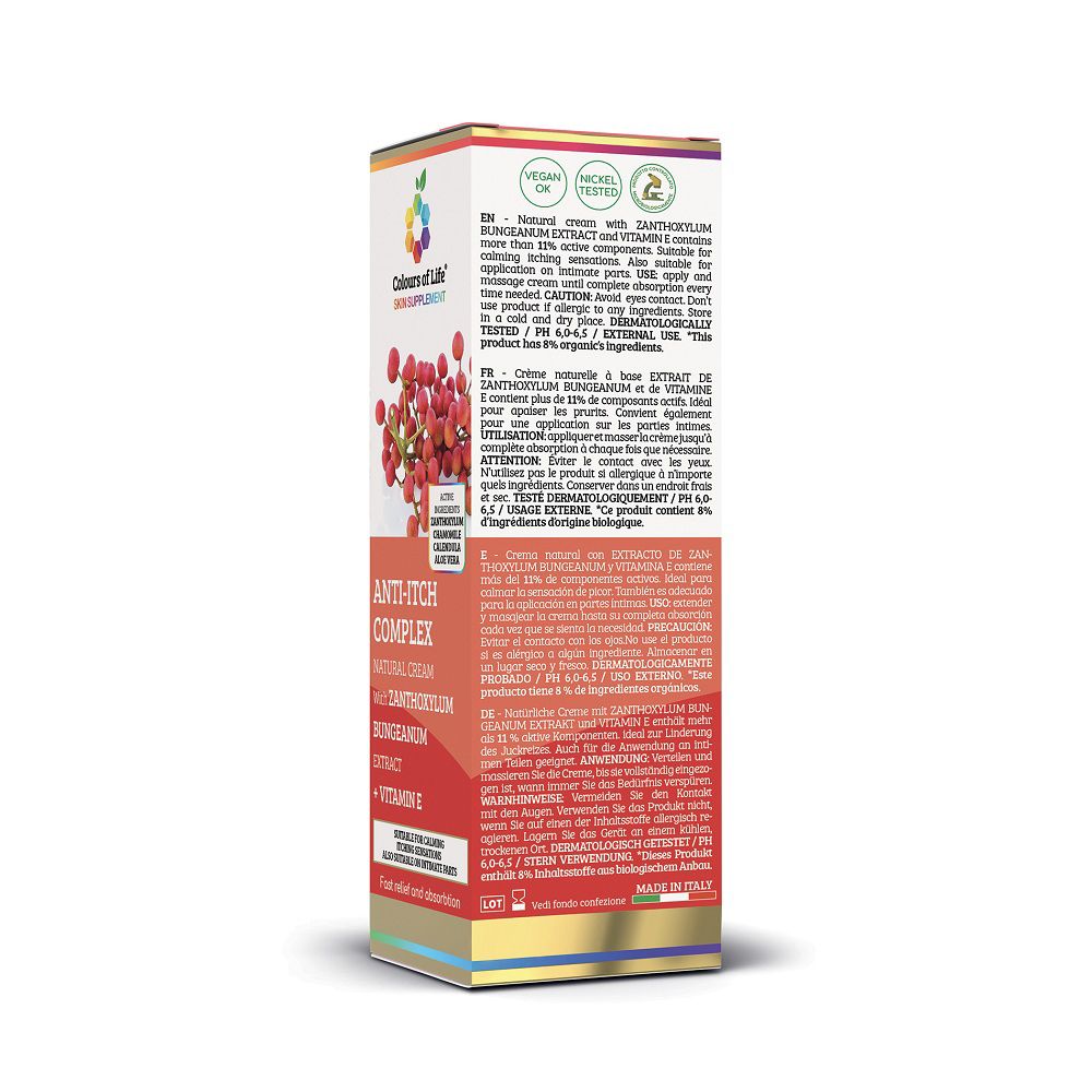 Seitenansicht der Colours of Life Juckreiz-Komplex Creme Verpackung mit Produktinformationen.