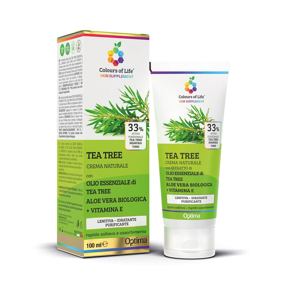 Colours of Life Kreme TEA TREE 100ml Verpackung und Tube mit Teebaumzweigen.