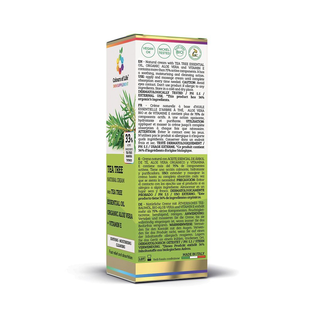 Seite der Colours of Life Kreme TEA TREE Verpackung mit mehrsprachigen Informationen.