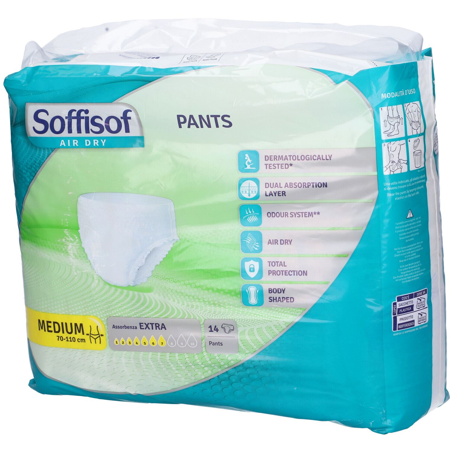 Verpackung Soffisof Pants Extra, Medium, 14 Stück. Sichtbar: Pants, Größenangabe, Saugfähigkeit, dermatologisch getestet.