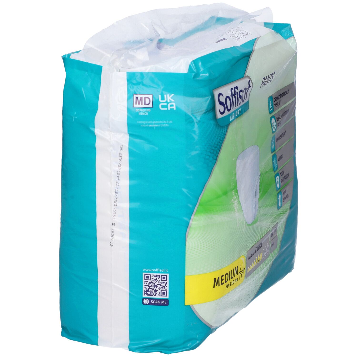 Verpackung Soffisof Pants Extra, Medium. Sichtbar: Pants, QR-Code, Größenangabe, UK/CA-Kennzeichnung.