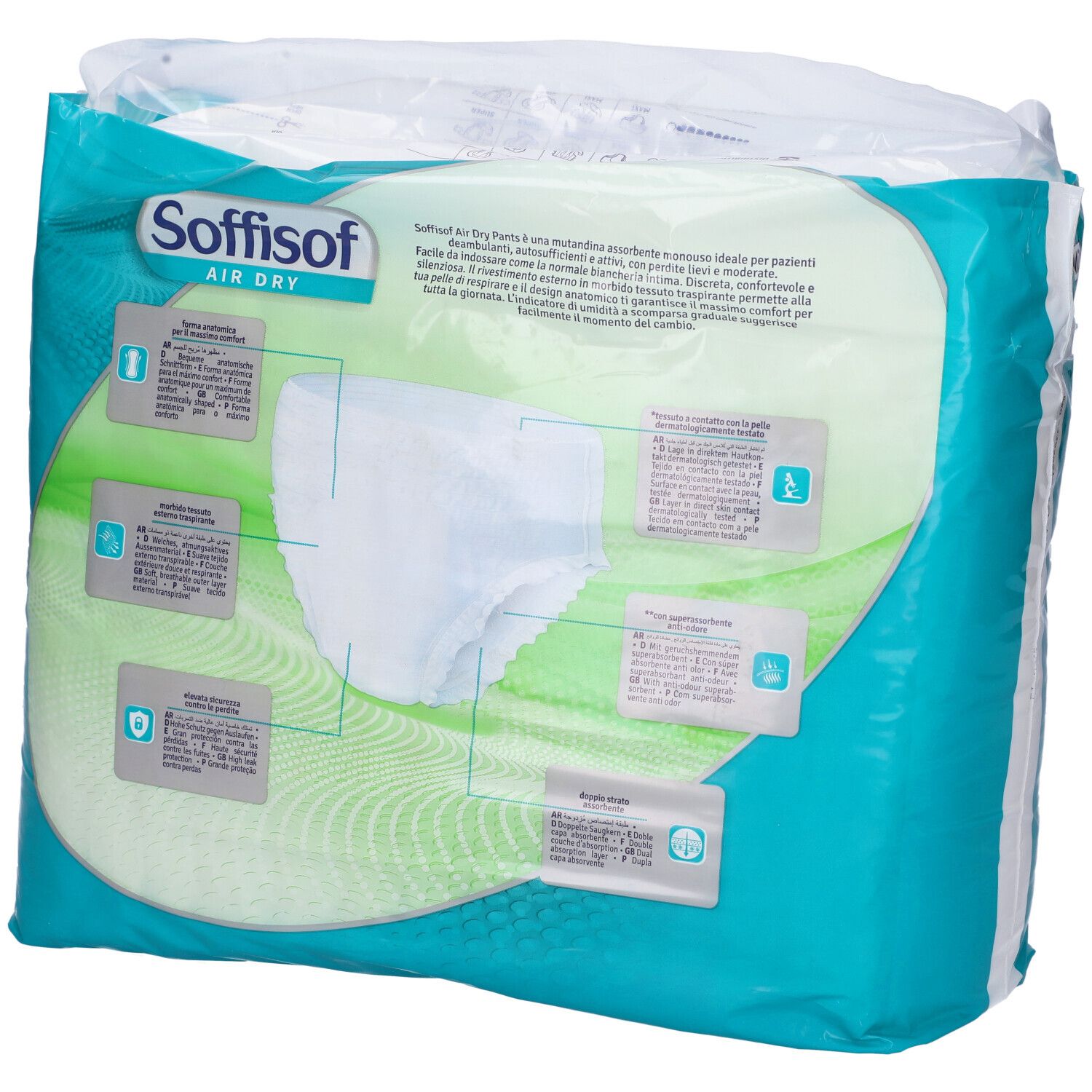 Verpackung Soffisof Pants Extra. Sichtbar: Pants, Produktmerkmale, Gebrauchsanweisung, Informationen.