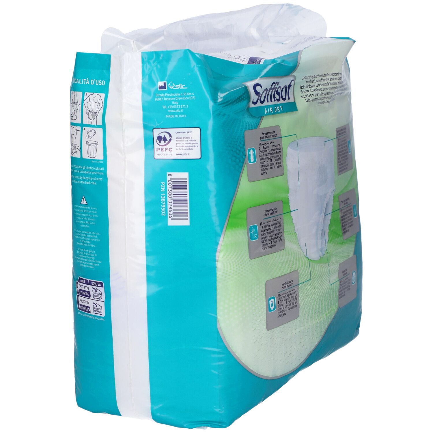 Verpackung Soffisof Pants Extra. Sichtbar: Pants, Produktmerkmale, Gebrauchsanweisung, PEFC-Zertifizierung.