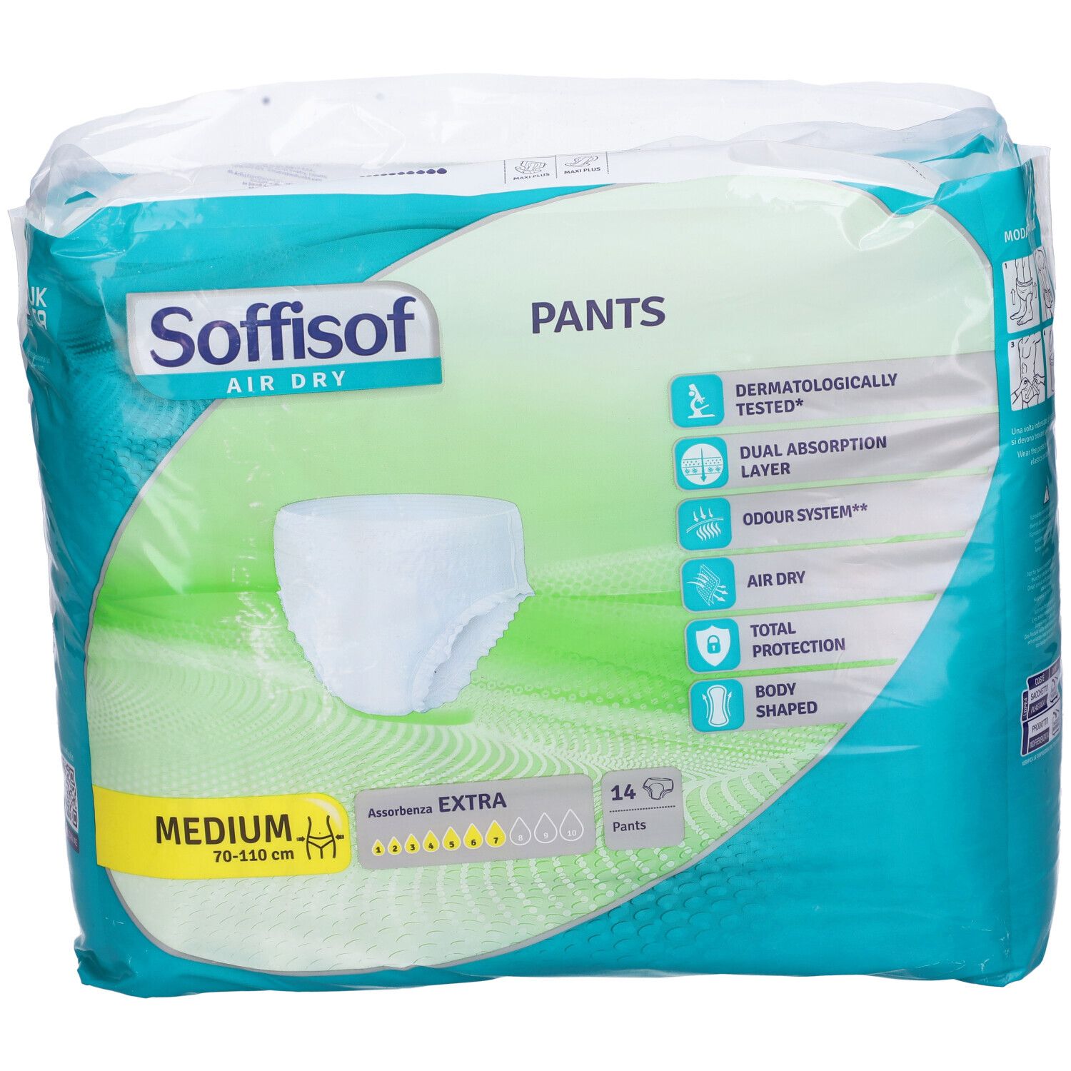 Verpackung Soffisof Pants Extra, Medium, 14 Stück. Sichtbar: Pants, Größenangabe, Saugfähigkeit, dermatologisch getestet.
