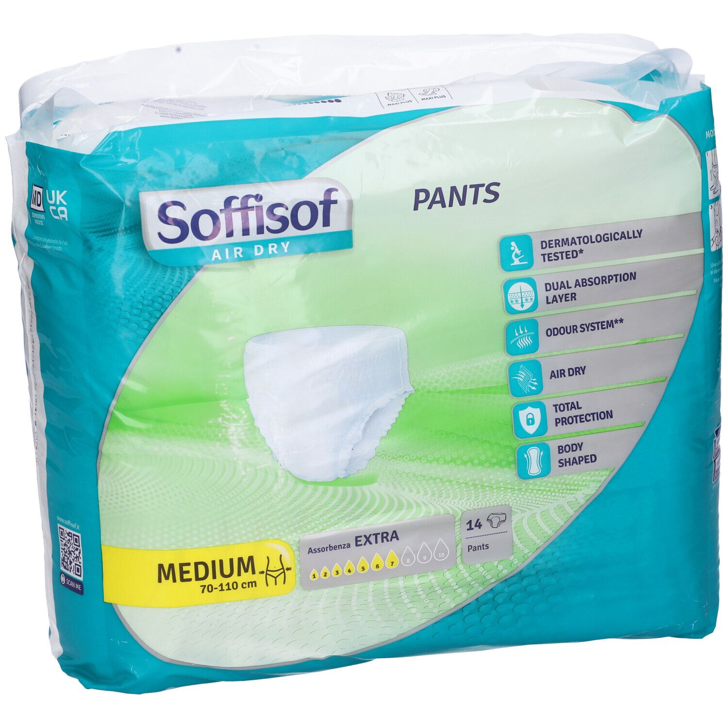 Verpackung Soffisof Pants Extra, Medium, 14 Stück. Sichtbar: Pants, Größenangabe, Saugfähigkeit, dermatologisch getestet.