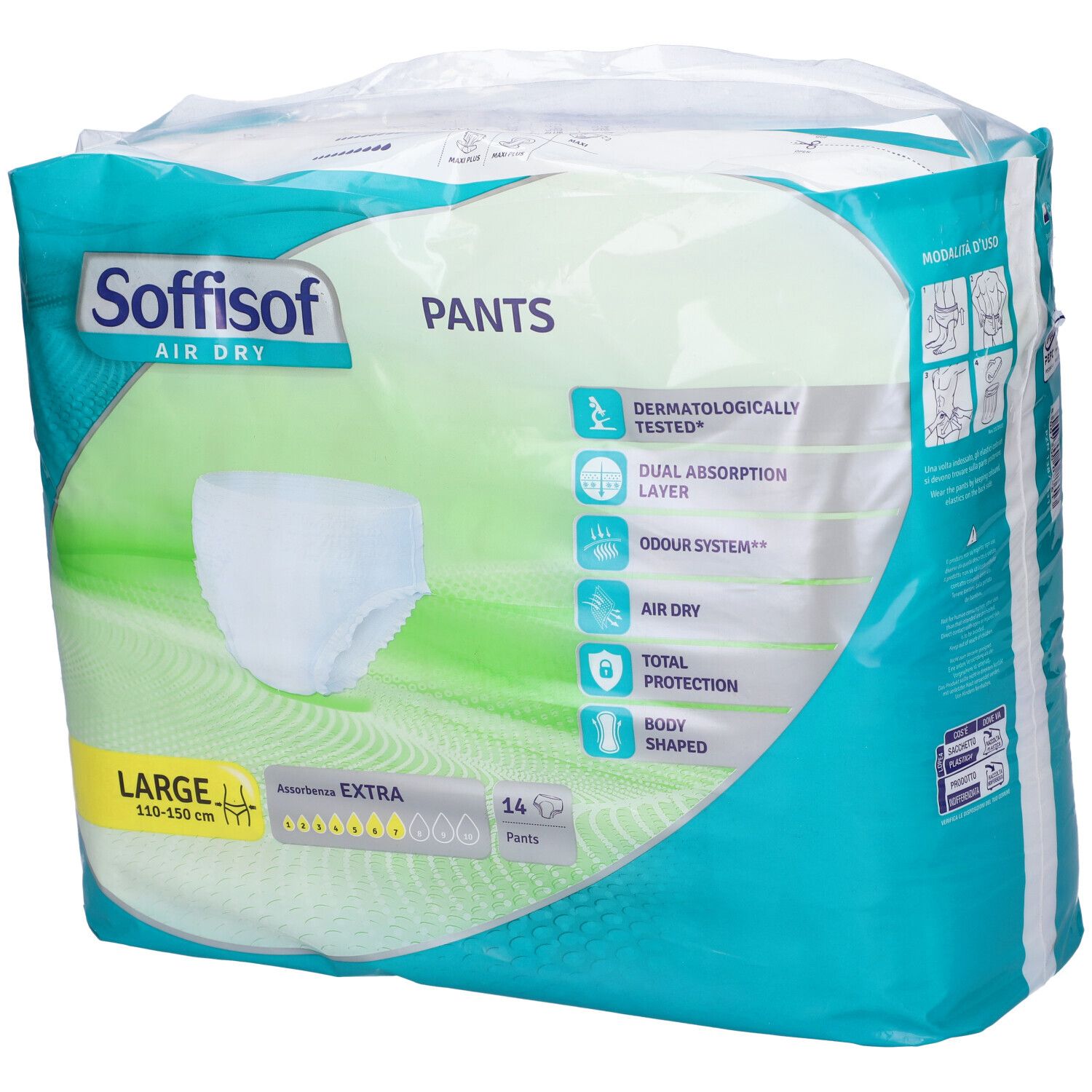 Verpackung von Pants. Marke Soffisof Air Dry. Größe L, 110-150 cm. 14 Stück. Extra Saugfähigkeit. Dermatologisch getestet.